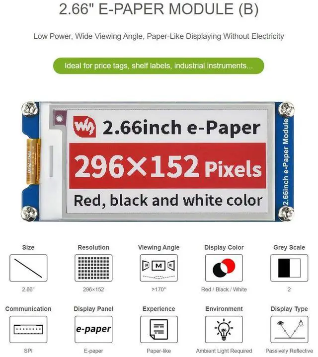 Alt view image 4 of 7 - 2.66inch E-Paper E-Ink Display Module (B) for Raspberry Pi/Jetson Nano, 296×152 Pixels, SPI Interface,Red/Black/White Three-Color
