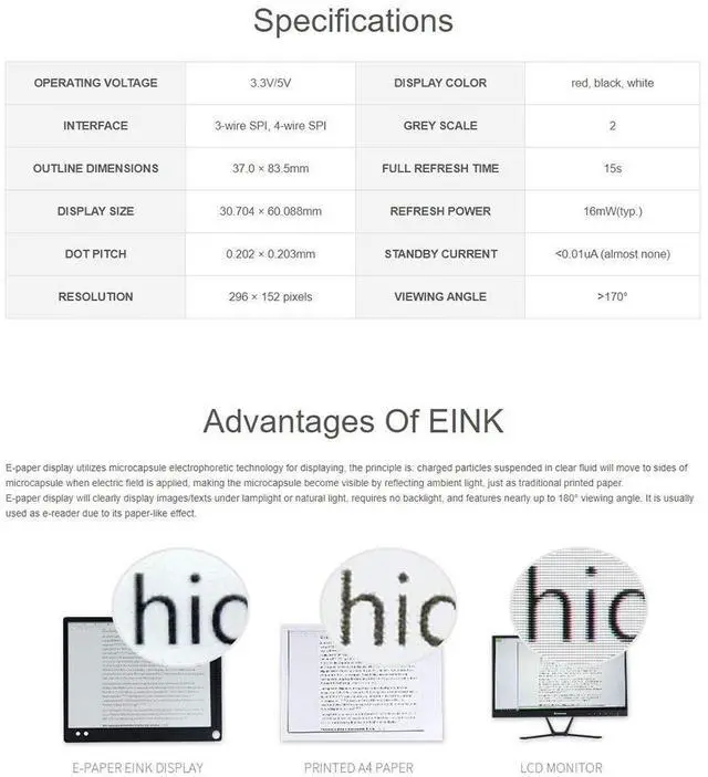 Alt view image 5 of 7 - 2.66inch E-Paper E-Ink Display Module (B) for Raspberry Pi/Jetson Nano, 296×152 Pixels, SPI Interface,Red/Black/White Three-Color