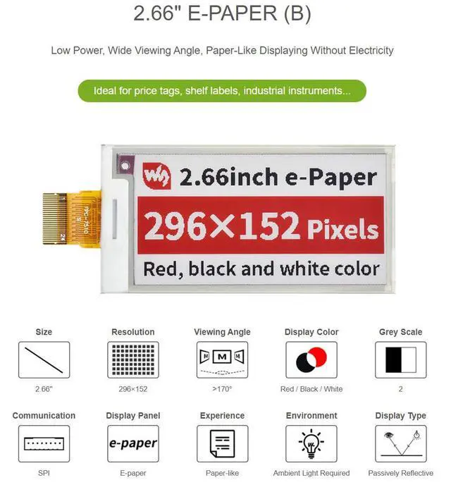 Alt view image 5 of 7 - 2.66inch E-Paper (B) E-Ink Raw Display Without PCB, 296×152 Pixels, Three-Color Red/Black/White, SPI Interface