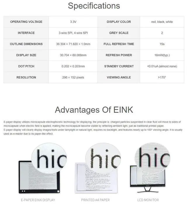 Alt view image 6 of 7 - 2.66inch E-Paper (B) E-Ink Raw Display Without PCB, 296×152 Pixels, Three-Color Red/Black/White, SPI Interface