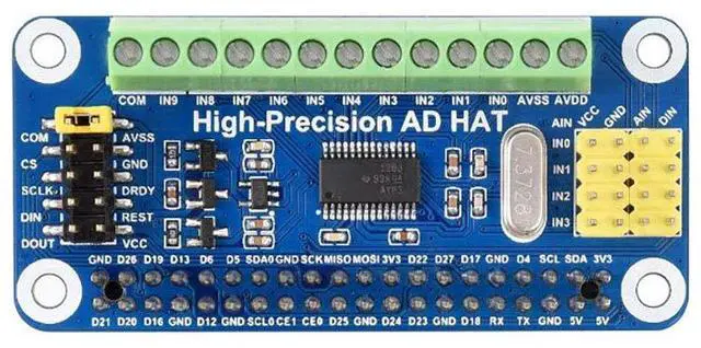 Main image of High-Precision AD HAT Fits Raspberry Pi Series & Jetson Nano, ADS1263 10-Ch 32-Bit ADC