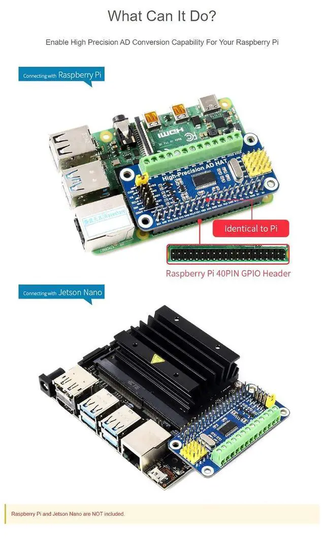 Alt view image 5 of 7 - High-Precision AD HAT Fits Raspberry Pi Series & Jetson Nano, ADS1263 10-Ch 32-Bit ADC