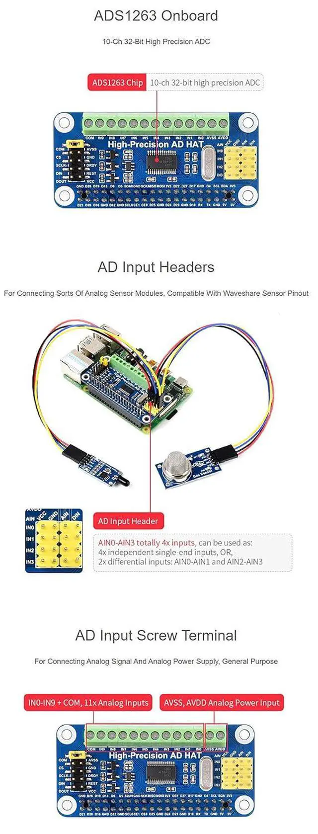 Alt view image 6 of 7 - High-Precision AD HAT Fits Raspberry Pi Series & Jetson Nano, ADS1263 10-Ch 32-Bit ADC