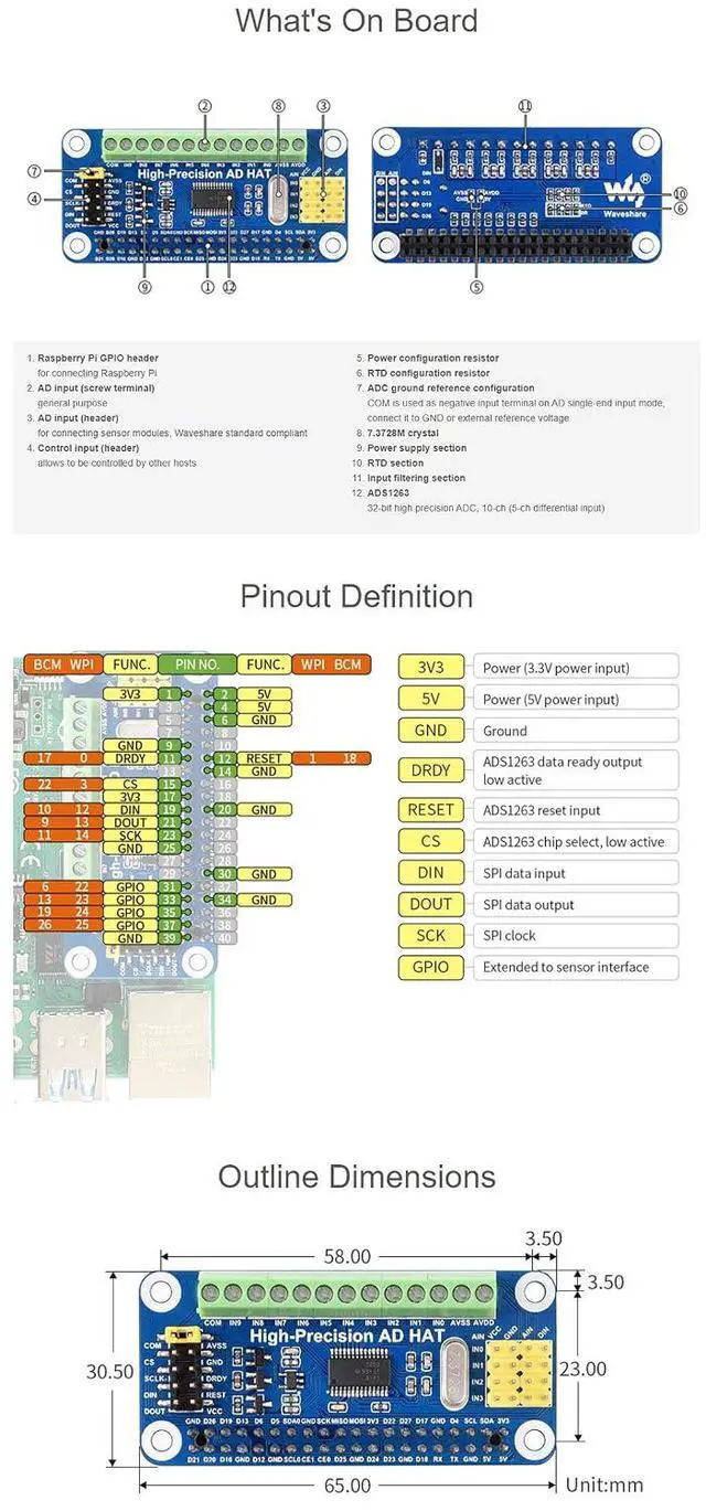 Alt view image 7 of 7 - High-Precision AD HAT Fits Raspberry Pi Series & Jetson Nano, ADS1263 10-Ch 32-Bit ADC