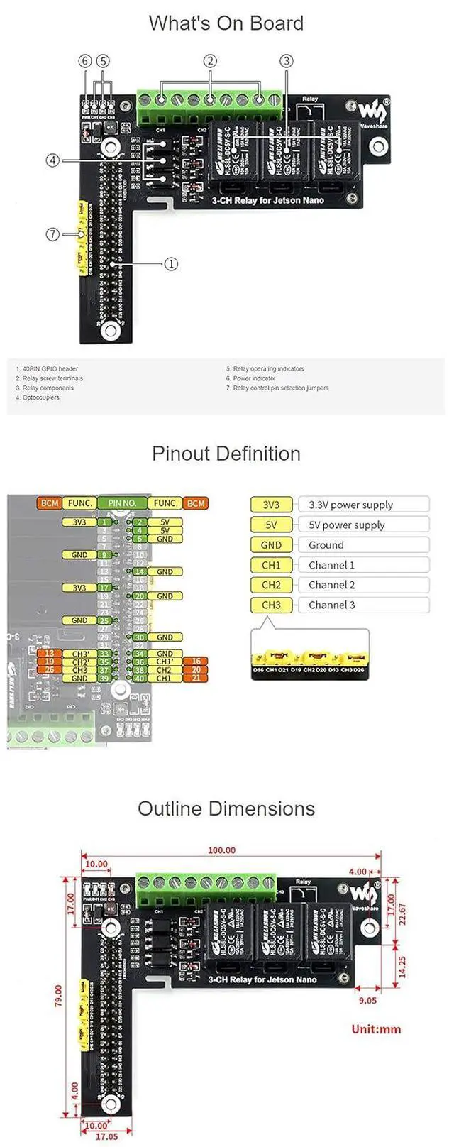Alt view image 6 of 6 - Quality 3-Ch(Channel) Relay Expansion Board Designed for Jetson Nano, Optocoupler Isolation Directly Pluggable Up to 2X Stackable