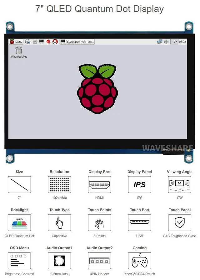Alt view image 4 of 7 - 7inch QLED Quantum Dot Display for Raspberry Pi/Jetson Nano, IPS Screen,Capacitive Touch, 1024×600, G+G Toughened Glass Panel