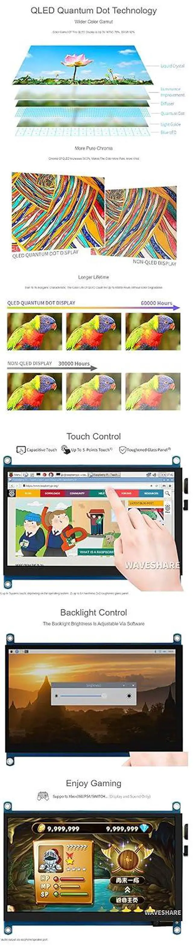 Alt view image 6 of 7 - 7inch QLED Quantum Dot Display for Raspberry Pi/Jetson Nano, IPS Screen,Capacitive Touch, 1024×600, G+G Toughened Glass Panel