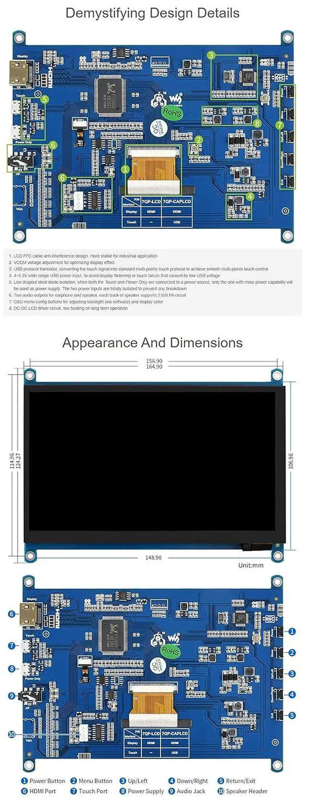 Alt view image 7 of 7 - 7inch QLED Quantum Dot Display for Raspberry Pi/Jetson Nano, IPS Screen,Capacitive Touch, 1024×600, G+G Toughened Glass Panel