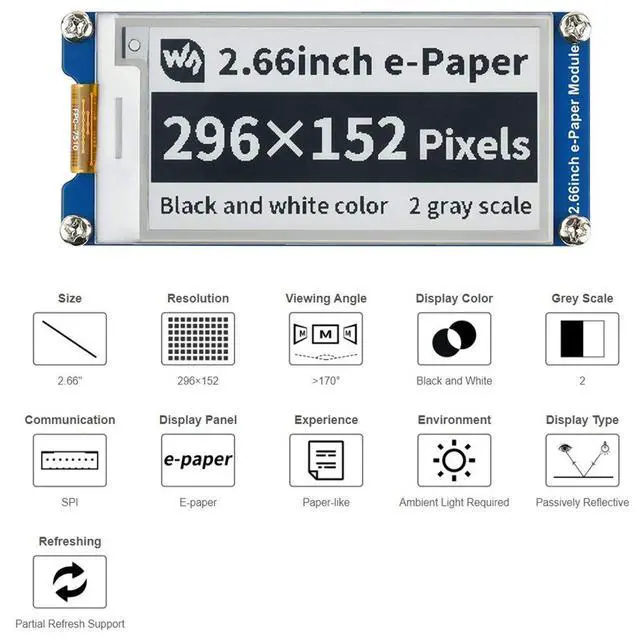 Alt view image 4 of 7 - 2.66inch E-Paper E-Ink Display HAT for Raspberry Pi/Jetson Nano, 296×152 Pixels e-Paper Module, Black/White Dual-Color, SPI Interface