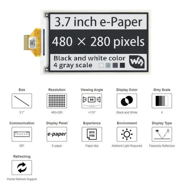 Alt view image 5 of 7 - 3.7inch E-Paper E-Ink Raw Display for Raspberry Pi/Jetson Nano, 480×280 Pixels e-Paper Module, Black/White Color, SPI Without PCB
