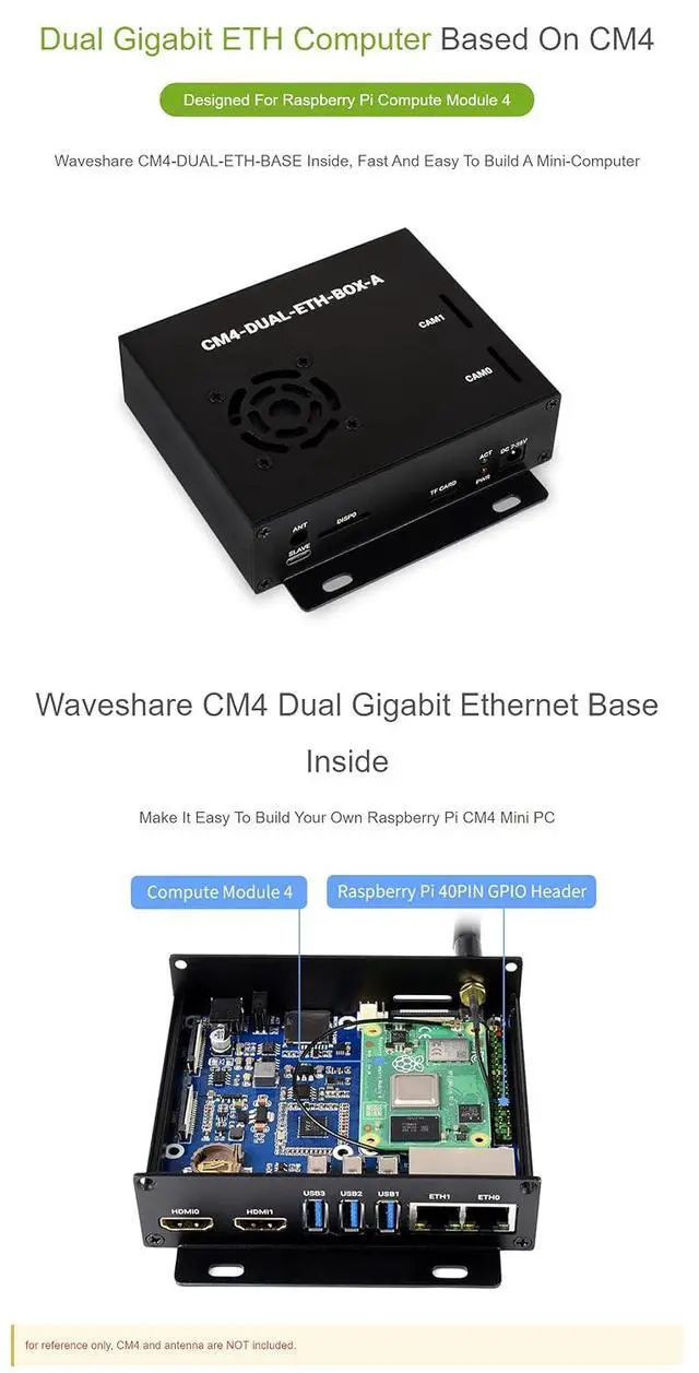Alt view image 3 of 7 - Dual Gigabit Ethernet(ETH) Mini-Computer Based On for Raspberry Pi Compute Module 4 (CM4 NOT Included), with Cooling Fan, Metal Case