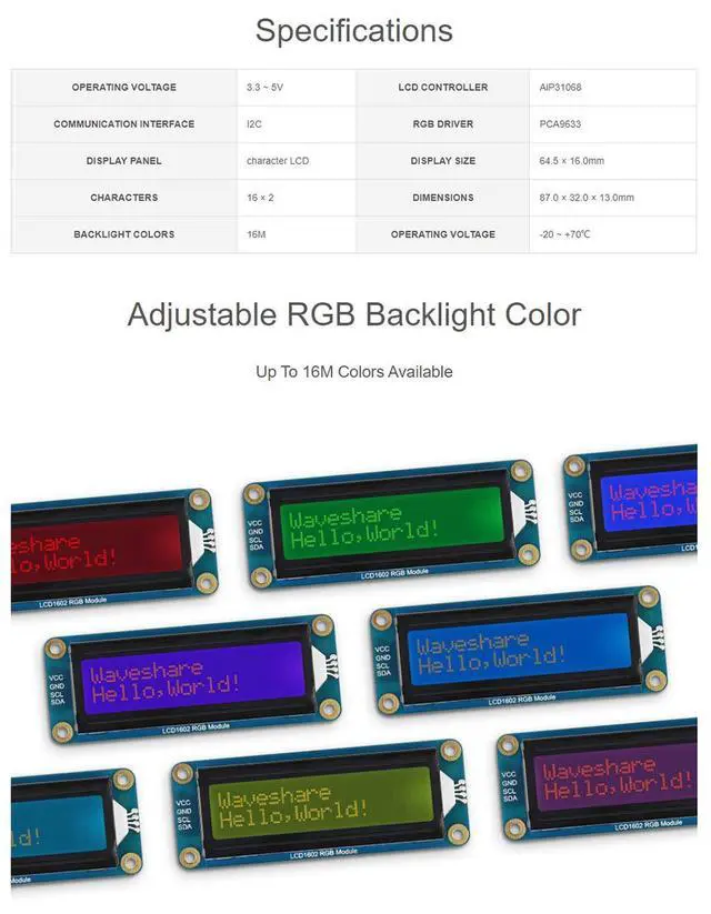 Alt view image 4 of 7 - LCD1602 RGB Module Fits Raspberry Pi/Pi Pico, 16x2 Characters LCD, RGB Backlight, 3.3V/5V Compatible, I2C Bus