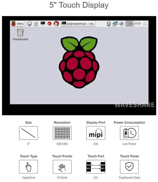 Alt view image 3 of 7 - 5 Inch DSI Touchscreen for Raspberry Pi, 800×480 Capacitive LCD Display, Driver-Free, 5-Point Touch, for Pi 5/4/3B+/CM4, Supports Raspberry Pi OS, Ubuntu, Retropie, RoPieee
