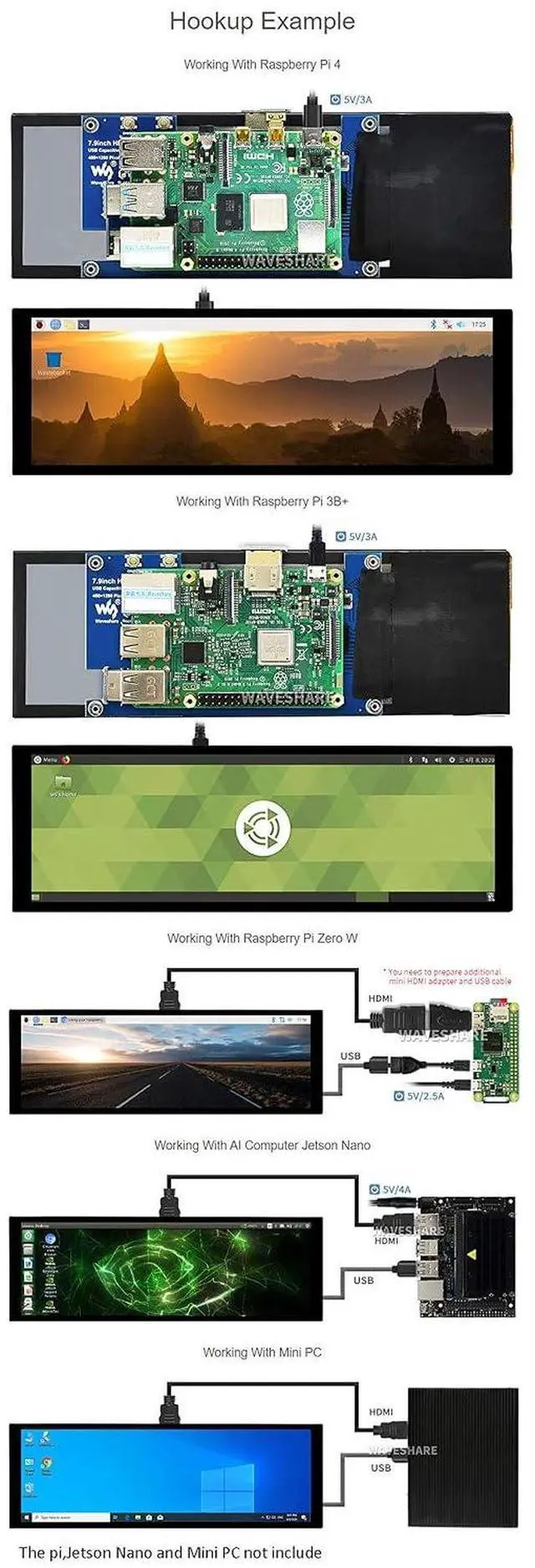 Alt view image 7 of 7 - 7.9inch Capacitive Touch Screen LCD Display Fits Raspberry pi/Jetson Nano/PC, 400×1280, HDMI, IPS, Toughened Glass Cover