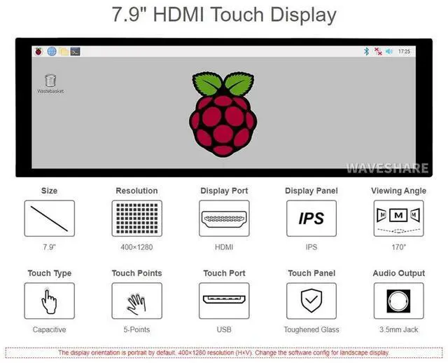 Alt view image 4 of 7 - 7.9inch Capacitive Touch Screen LCD Display Fits Raspberry pi/Jetson Nano/PC, 400×1280, HDMI, IPS, Toughened Glass Cover