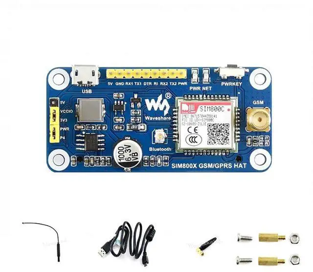 Main image of Raspberry Pi GSM/GPRS/Bluetooth HAT Based on SIM800C Supports SMS, GPRS, DTMF, HTTP, FTP, MMS, email for Band GSM 850/EGSM 900/DCS Compatible with Pi 2B/3B/3B+/4B/Zero/Zero W,Jetson Nano