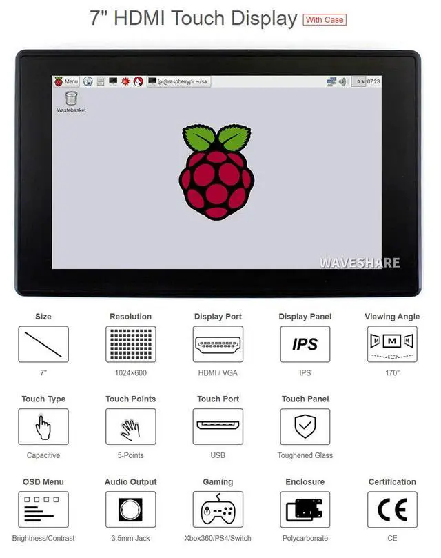 Alt view image 4 of 7 - 7inch HDMI LCD (H) (with case) 1024x600 Monitor IPS Capacitive Touch Screen Display with Toughened Glass Cover Supports Raspberry Pi/Jetson Nano/PC/Game Console