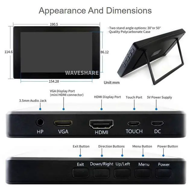 Alt view image 7 of 7 - 7inch HDMI LCD (H) (with case) 1024x600 Monitor IPS Capacitive Touch Screen Display with Toughened Glass Cover Supports Raspberry Pi/Jetson Nano/PC/Game Console