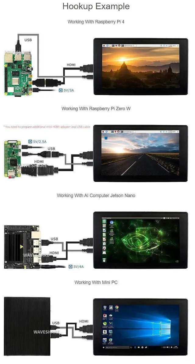 Alt view image 5 of 7 - 7inch HDMI LCD (H) (with case) 1024x600 Monitor IPS Capacitive Touch Screen Display with Toughened Glass Cover Supports Raspberry Pi/Jetson Nano/PC/Game Console