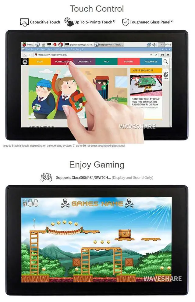 Alt view image 6 of 7 - 7inch HDMI LCD (H) (with case) 1024x600 Monitor IPS Capacitive Touch Screen Display with Toughened Glass Cover Supports Raspberry Pi/Jetson Nano/PC/Game Console