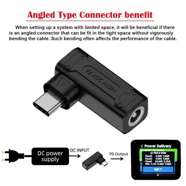 Alt view image 6 of 7 - USB C Male to DC 5.5x2.1mm Female PD 140W 5V/9V/20V 90 Degree Angled Charge Converter Adapter with PD Emulator