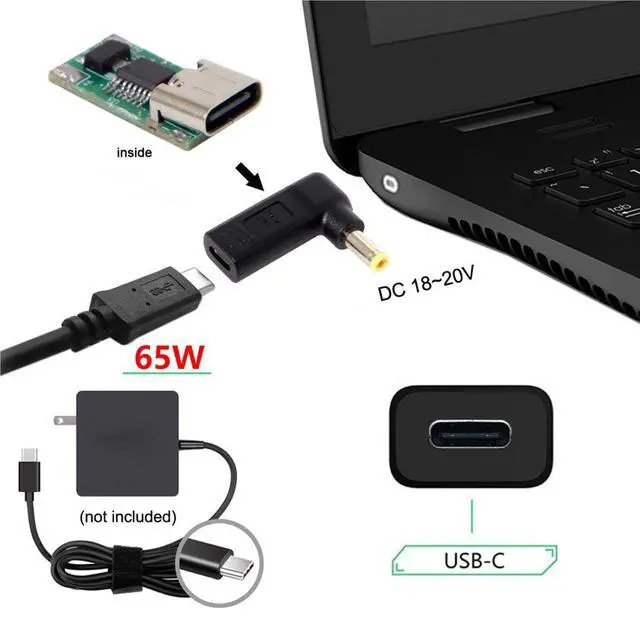 Alt view image 3 of 7 - USB C to DC 5.5x2.5MM 90Degree Angled PD65W 20V Fast Charging Power Adapter for Laptop