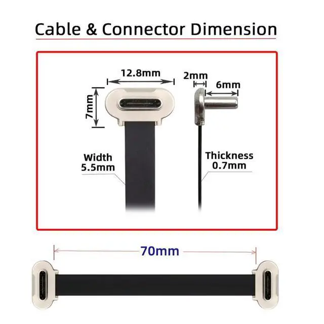 Alt view image 7 of 7 - 0.23FT USB C Short Flat Cable, USB 2.0 Type C Dual 90 Degree Angled PD 65W Fast Charge Data Extension Cable 70MM