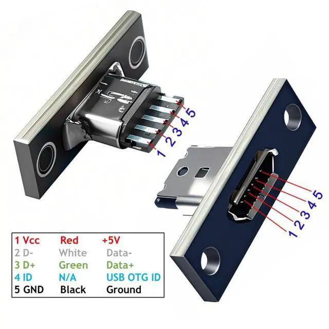 Alt view image 3 of 7 - 5 Pack USB 2.0 DIY Connector, Micro USB 5Pin Female Socket Port Repair Replacement Solder Adapter with Panel Mount Screw Hole