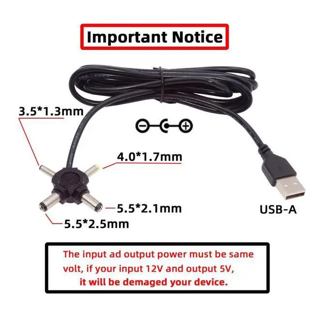 Alt view image 2 of 7 - 4 in 1 DC 5V 5.5x2.5mm 5.5x2.1mm 4.0x1.7mm 3.5x1.3mm to USB 2.0 Power Plug Barrel Connector Charge Cable 1.5M