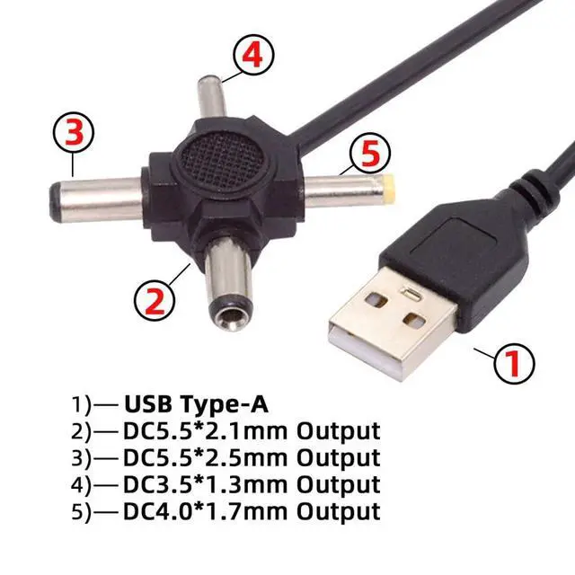 Alt view image 4 of 7 - 4 in 1 DC 5V 5.5x2.5mm 5.5x2.1mm 4.0x1.7mm 3.5x1.3mm to USB 2.0 Power Plug Barrel Connector Charge Cable 1.5M