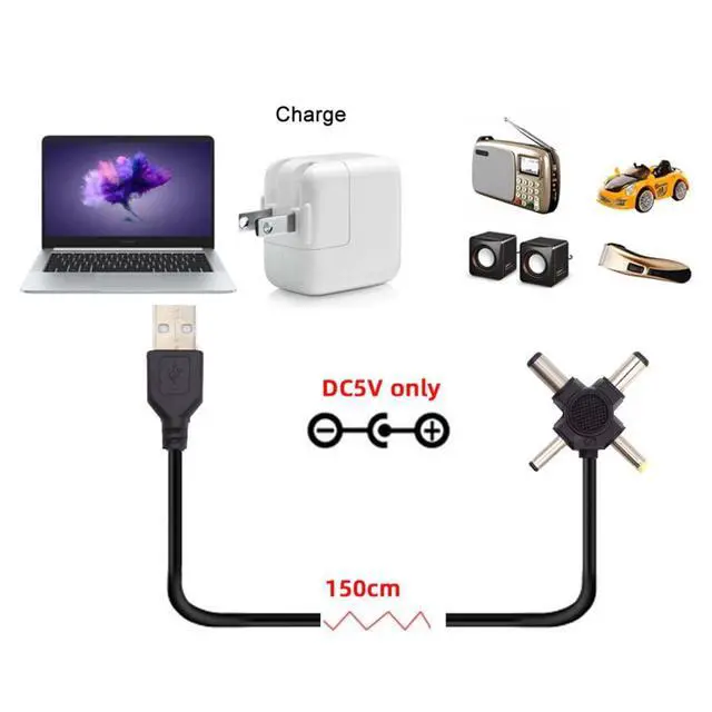 Alt view image 5 of 7 - 4 in 1 DC 5V 5.5x2.5mm 5.5x2.1mm 4.0x1.7mm 3.5x1.3mm to USB 2.0 Power Plug Barrel Connector Charge Cable 1.5M