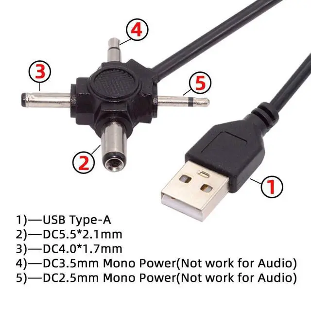 Alt view image 4 of 7 - 4 in 1 DC 5V 5.5x2.1mm 4.0x1.7mm Mono 3.5mm 2.5mm to USB 2.0 Power Plug Barrel Connector Charge Cable 1.5M