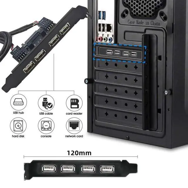 Alt view image 2 of 7 - 4 Port USB 2.0 Front Panel Header 9Pin 2 Male to 4 USB 2.0 Female Chassis Back Panel Port Extension Cable 30cm with 120mm PCI-E Slot Bracket