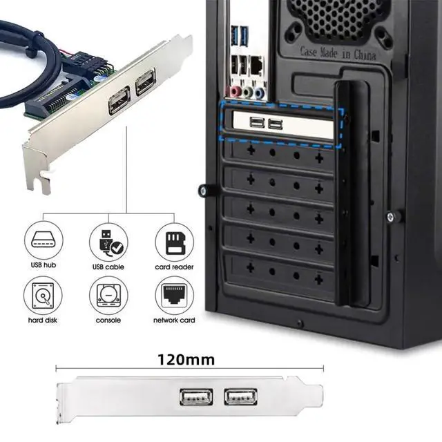 Alt view image 2 of 7 - 2 Port USB 2.0 Front Panel Header 9Pin 1 Male to 2 USB 2.0 Female Chassis Back Panel Port Extension Cable 30cm with 120mm PCI-E Slot Bracket
