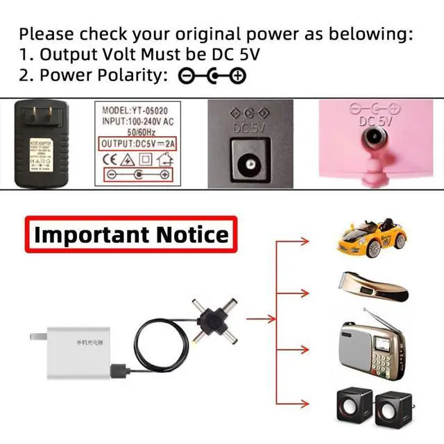 Alt view image 3 of 7 - 4 in 1 DC 5V 5.5x2.5mm 5.5x2.1mm 4.0x1.7mm 3.5x1.3mm to USB 2.0 Power Plug Barrel Connector Charge Cable 1.5M