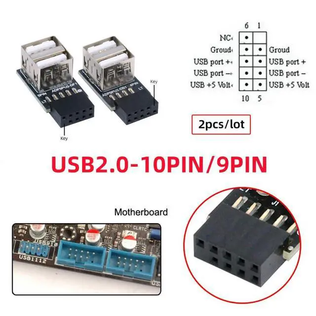Alt view image 7 of 7 - 2 Pack USB 2.0 Front Panel Header 9/10Pin 1 Male to 2 USB 2.0 Female 90 Degree Angled Mainboard Header Port Extension Adapter