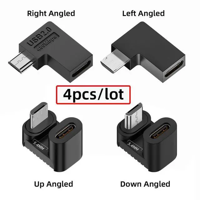 Alt view image 5 of 7 - 4 Pack Micro USB 2.0 Connector Micro USB Male to USB C Female 90/180 Degree Angled Connector Adapter