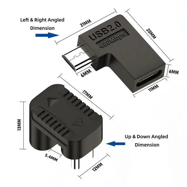 Alt view image 6 of 7 - 4 Pack Micro USB 2.0 Connector Micro USB Male to USB C Female 90/180 Degree Angled Connector Adapter