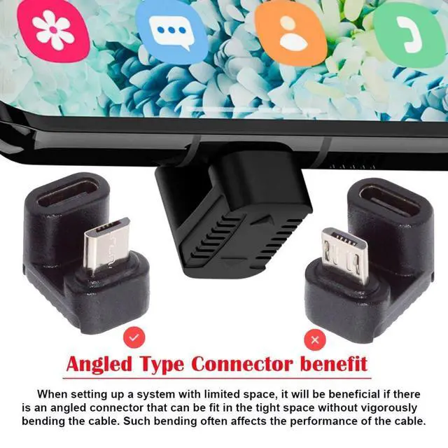 Alt view image 3 of 6 - 4 Pack USB C to Micro USB Adapter,Micro USB Male to USB C Female 180 Degree UP Angled Converter Connector Adapter Support Charge Data Sync