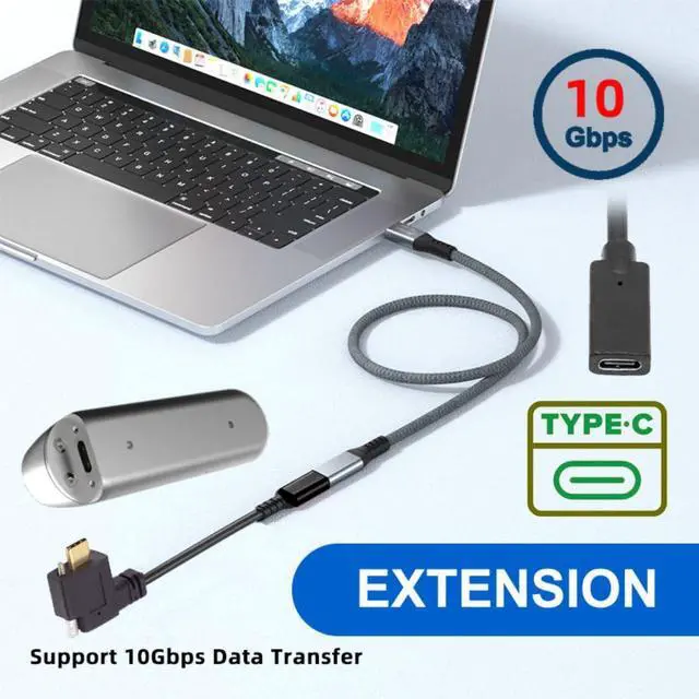 Alt view image 2 of 7 - USB C Extension Cable USB 3.1 Gen 2 10Gbps Male to Female Fast Charging Data Transfer 90 Degree Right Angled Extension Cable 0.3M with Screw Locking
