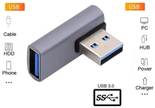 Alt view image 3 of 6 - USB 3.0 Type A Male to Female Extension Power Data Video Adapter Low Profile Left Angled 10Gbps Data 5V Power