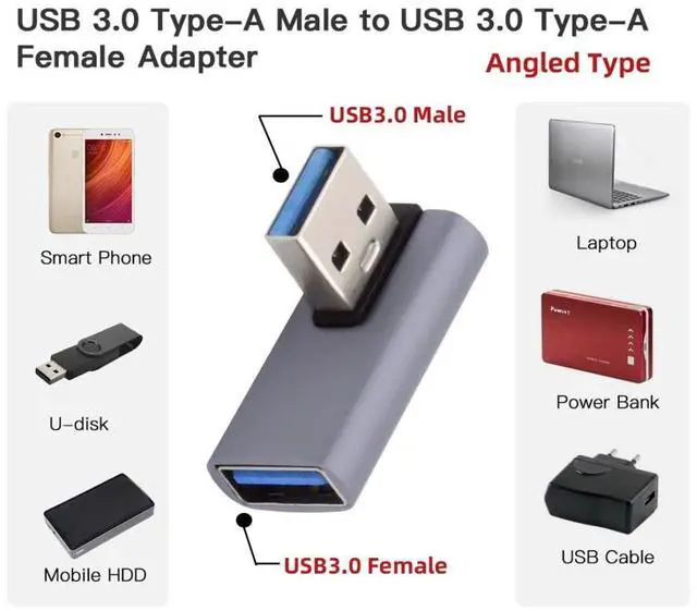 Alt view image 2 of 6 - USB 3.0 Type A Male to Female Extension Power Data Video Adapter Low Profile Left Angled 10Gbps Data 5V Power