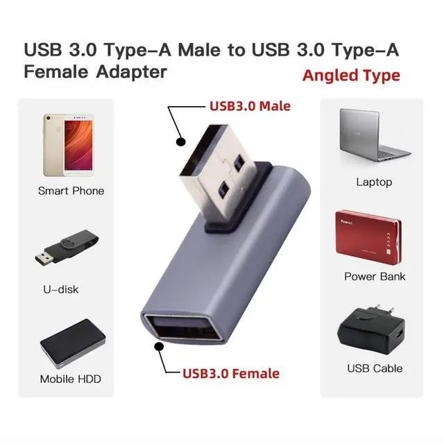 Alt view image 2 of 6 - USB 3.0 Type A Male to Female Extension Power Data Video Adapter 90 Degree Right Angled 10Gbps