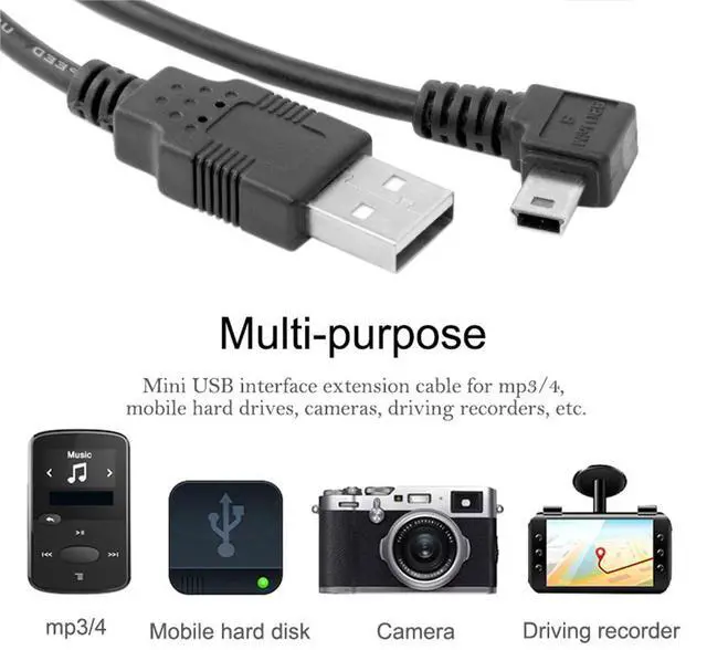 Alt view image 5 of 7 - Mini USB Cable USB 2.0 Male to Mini USB 5 Pin Male 90 Degree Right Angled Charging Data Transfer Extension Cable Black 1.8M