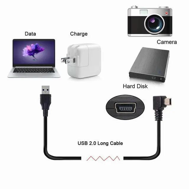 Alt view image 7 of 7 - Mini USB Cable USB 2.0 Male to Mini USB 5 Pin Male 90 Degree Left Angled Charging Data Transfer Extension Cable 5.0M for Dash Cam/GPS/Microphone