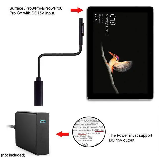 Alt view image 2 of 7 - USB C to DC 15V Surface Pro3 Pro4 Pro5 Pro6 Book Pro PD 65W Charge Cable