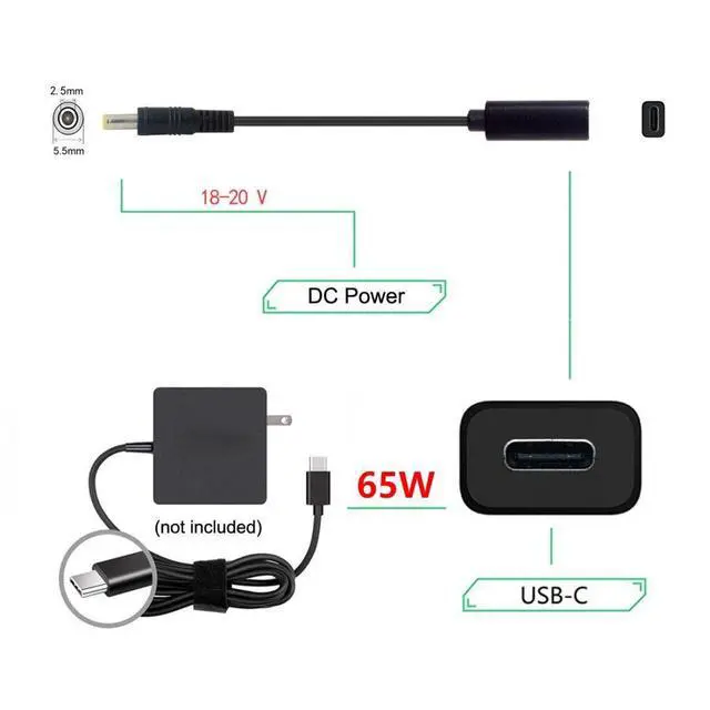 Alt view image 2 of 7 - CY USB C to DC 20V 5.5x2.5mm PD 65W Charge Cable