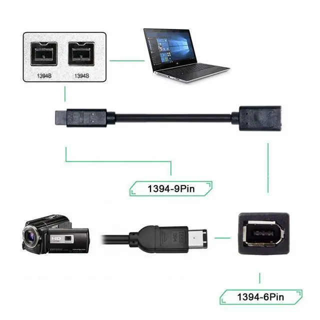 Alt view image 2 of 7 - JSER IEEE 1394 6Pin Female to 1394b 9Pin Male Firewire 400 to 800 Cable 20cm Firewire 800 400 Cable 6 Feet 9 Pin to 6 Pin