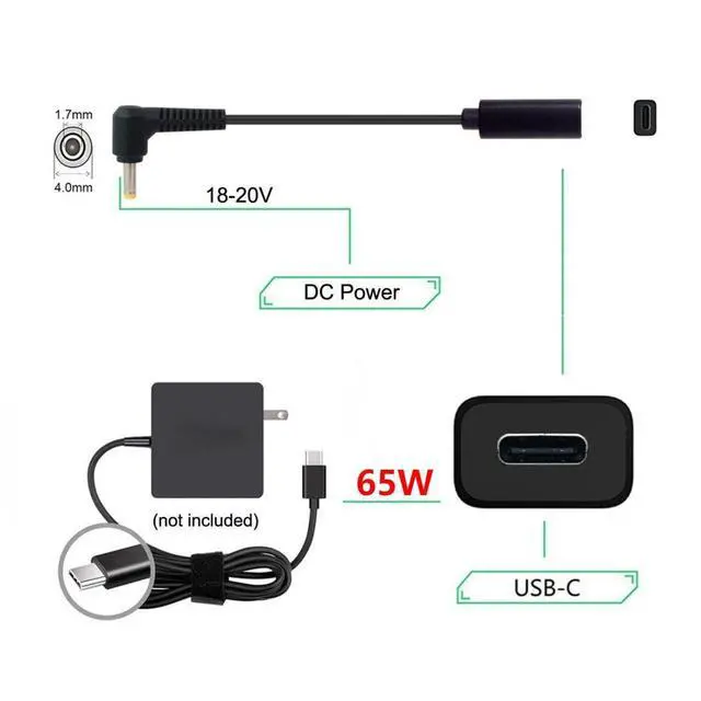 Alt view image 3 of 7 - USB C to DC 20V 4.0x1.7mm PD 65W Charge Cable for Laptop
