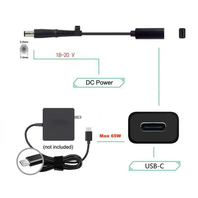 Alt view image 2 of 7 - USB C to DC 20V 7.4x5.0mm PD 65W Charge Cable for HP Laptop Type-C Input to DC 20V Output